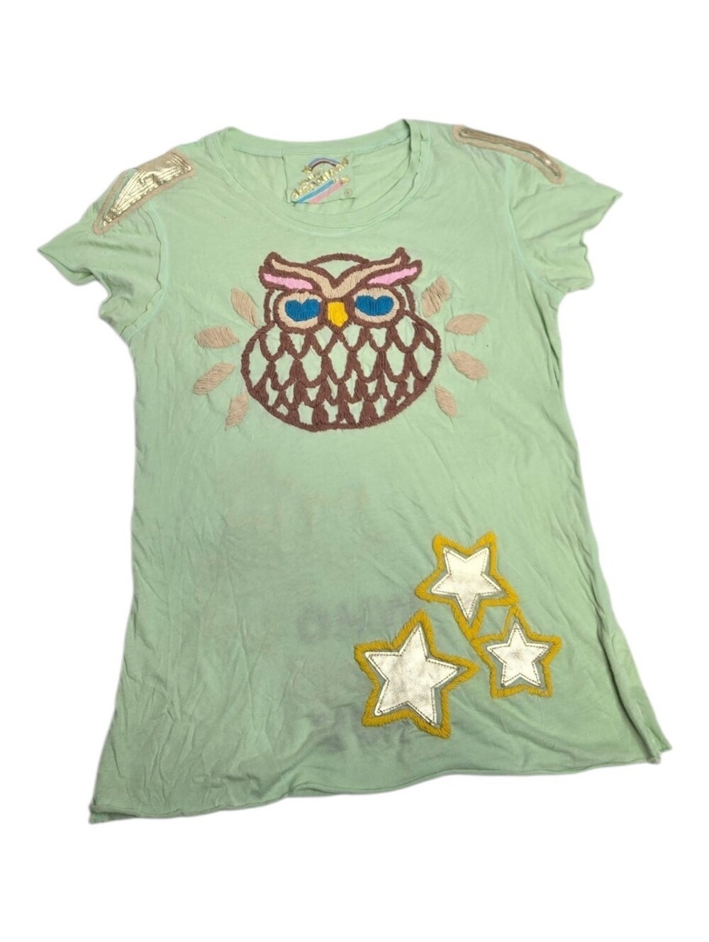 Y2K Joystick Johnny Was mint embroidered owl Who Loves You tee shirt M - Picture 1 of 10